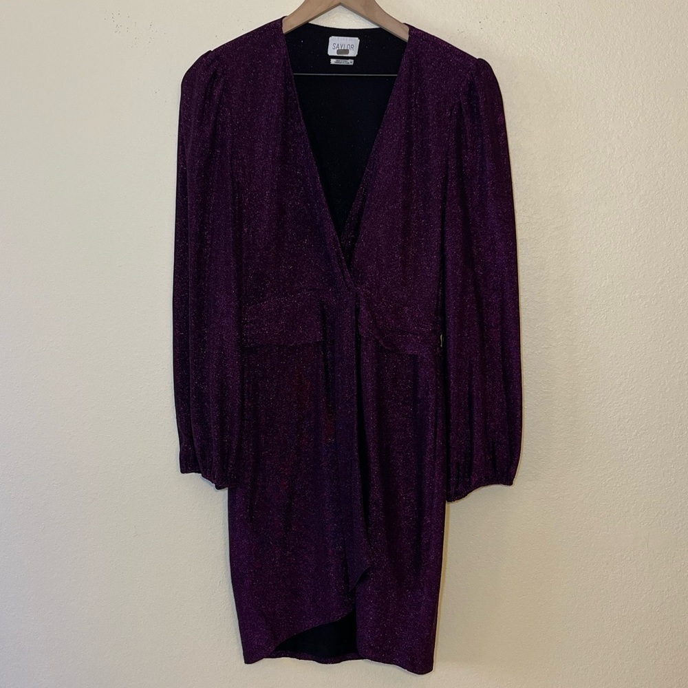 Saylor Purple Shimmer Faux Wrap Dress Ruched Waist Cocktail Holiday Party Glam - Picture 2 of 12